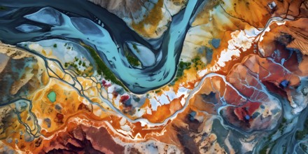 Aerial view perpendicular top down of an abstract colorful river along the coastline, AI generated