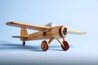 Vintage wooden plane toy with a playful design in front of blue background, AI generated