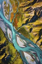 Aerial view perpendicular top down of an abstract colorful river along the coastline, AI generated