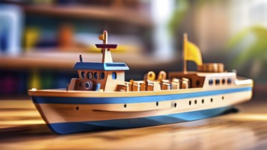 Vintage wooden cruise ship toy with a playful design in front of blurred background, AI generated