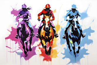 Illustration of dynamic equestrian mid action on a vibrant splash paint background, AI generated