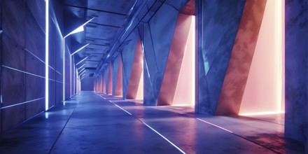 Futuristic long empty light corridor in soft blue and orange colors with sleek modern design, AI