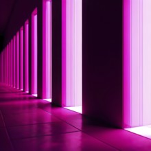 Windows aligned within an elongated tunnel permeated with gradients of magenta hues, AI generated