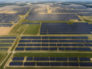 Top down aerial view of a photovoltaic plant arranged in symmetric rows, AI generated