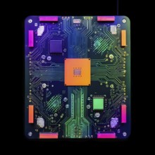 Birds eye view of a circuit board in vivid colored paths and connections, AI generated