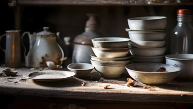 Kitchen scene featuring a pile of dishes, AI generated