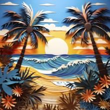 Minimalistic paper art illustration of a tropical beach with blue ocean and palm trees, AI