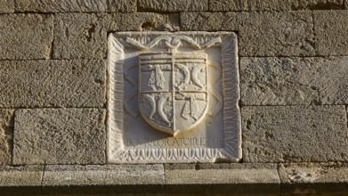 A coat of arms engraved in a stone wall with detailed historical patterns and text, Knights Street,