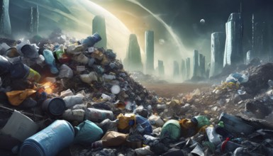 Symbolism, Futuristic, City suffocating in rubbish, AI-generated, AI-generated, AI generated