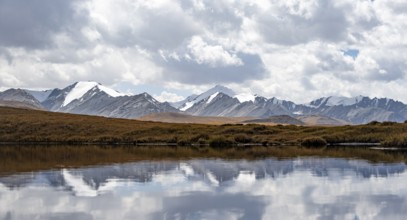 Mountain lake and glaciated and snow-covered peaks, Ak Shyrak Mountains, near Kumtor, Kara-Say,