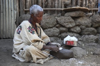 Amhara region, small farm, woman sitting on the ground plucking cotton, Ethiopia, Africa