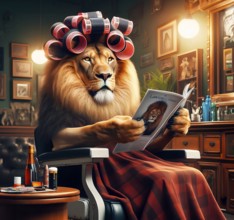 A maned lion with curlers in its mane in the hairdressing salon, AI generated, AI generated