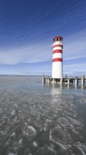 Frozen lake, ice, lighthouse, Podersdorf am See, Lake Neusiedl, Burgenland, Austria, Europe