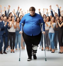 A man with severe obesity, overweight, walks with difficulty supported by crutches and is cheered