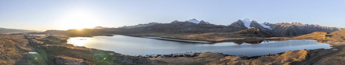 Aerial view, mountain peak and mountain lake, evening mood, Arabel Lake at Arabel Pass, Issyk Kul