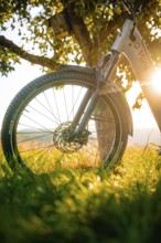 Mountain bike in front of a tree in the evening light with natural background, e-bike, forest bike,