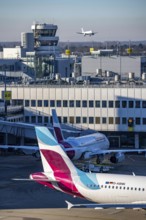 Eurowings Airbus at Terminal A, aircraft approaching, at Düsseldorf Airport, DUS North