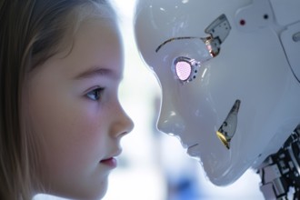 CLose up of faces of girl child and artificial intelligence robot looking at each other. Concept