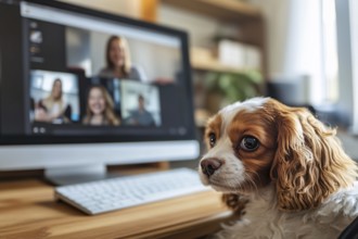 Dog disturbing owner at work at home office with computer screen with online meeting with many