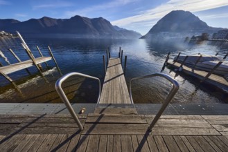 Jetty, wooden planks, stainless steel railing, bird's eye view, lake, jetty, mountain landscape,