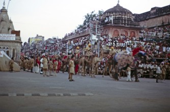 Streets full of people at the annual festival parade, Jaipur, Rajasthan, India, 1971 Camel and