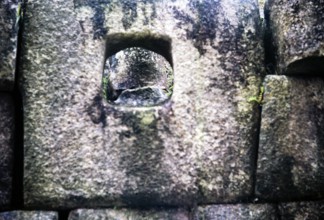 Hole in the stone masonry of an inca building, Machu Picchu, Peru, South America, around 1962,