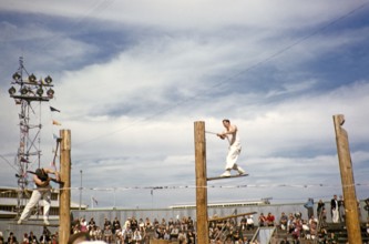 Wood chopping competition, Royal Melbourne Show, Ascot Vale, Melbourne, Victoria, Australia 1956