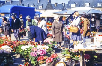 Market in St Hilaire du Harcouet, Normandy, France 1979