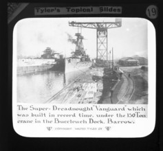 The Super Dreadnought Vanguard, built in record time, under the 150 tonne crane at Buccleeuch Dock,