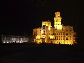 Illuminated castle at night. Hluboká is a historic château situated in Hluboká nad Vltavou. and is