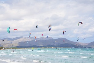 Kitesurfing at Alcudia beach, Mallorca, Balearic Islands, Spain, Europe