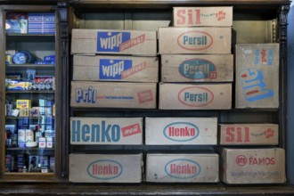 Cardboard boxes of detergents from the 1950s in a former Thuringian drugstore from 1898, set up as