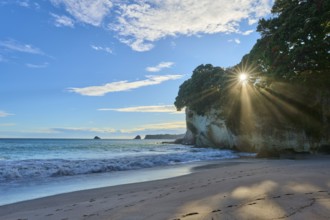 Coastal landscape with beach and bright sun between rocks, Cathedral Cove, Coromandel, Canterbury,