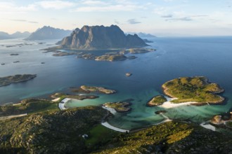 Coast of the island of Skrova and view of surrounding islands, Lofoten, Norway, Europe