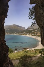 View from the Sarella peninsula to the bay and beach of Plakias, south coast, Crete, Greece, Europe