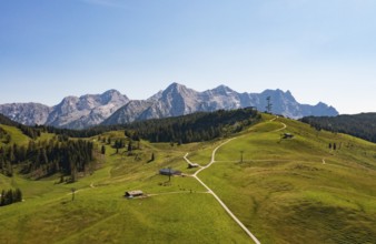 Drone shot, Hochalm, Loferer Alm with view to the Loferer Steinberge, Lofer, Pinzgau, Salzburg