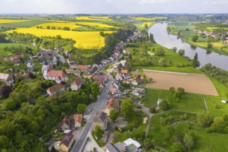 Aerial view of the village with St Michael's Church and the Elbe, Zehren, Saxony, Germany, Europe