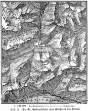 Topographic map of the St. Gotthard railway, railway tunnel, hatching, scale 1:25000, topography,