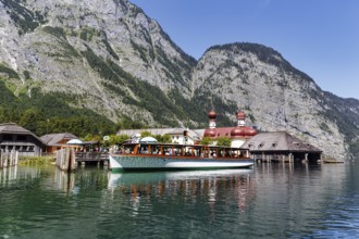 Pilgrimage church St. Bartholomä at Königssee with excursion steamer, Berchtesgaden National Park,