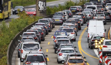 Duisburg, North Rhine-Westphalia, Germany, traffic jam on the A40 motorway at the Kaiserberg