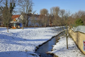 Dortmund, North Rhine-Westphalia, Germany, winter with snow in the Ruhr area, renaturalised Emscher