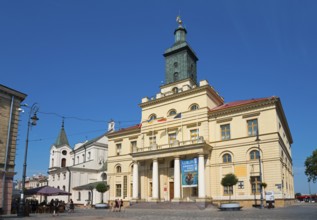 Classicist town hall with tower and columns under a blue sky, Town hall, Lublin, Poland, Europe