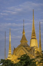 Wat Pho temple at sunset. Bangkok's oldest Buddhist monastery near the Grand Palace. Four chedis