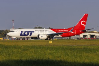 LOT Polish Airlines Boeing 737-8 MAX aircraft with the registration SP-LVG and the Bank Pekao