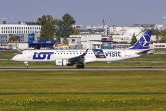 An Embraer 195 aircraft of LOT Polish Airlines with the registration SP-LNI and the Visit North