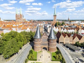 Holstentor Holsten Tor aerial view in the Hanseatic city of Lübeck, Germany, Europe