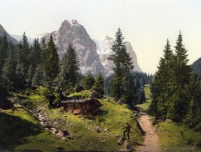 Brunnen und Wetterhorn, Bernese Oberland, Switzerland, Historic, digitally restored reproduction