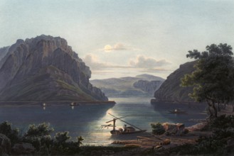 View of the Loreley rocks and the salmon fishery on the Rhine, Rhineland-Palatinate, Germany, view