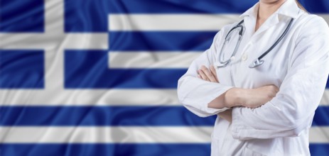 Doctor with crossed arms on Greek flag. Greece Health and Care concept. Female doctor on Greek flag