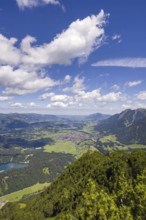 Panorama from Himmelschrofen, 1790m, into the Illertal, Freibergsee and Oberstdorf, Allgäu Alps,